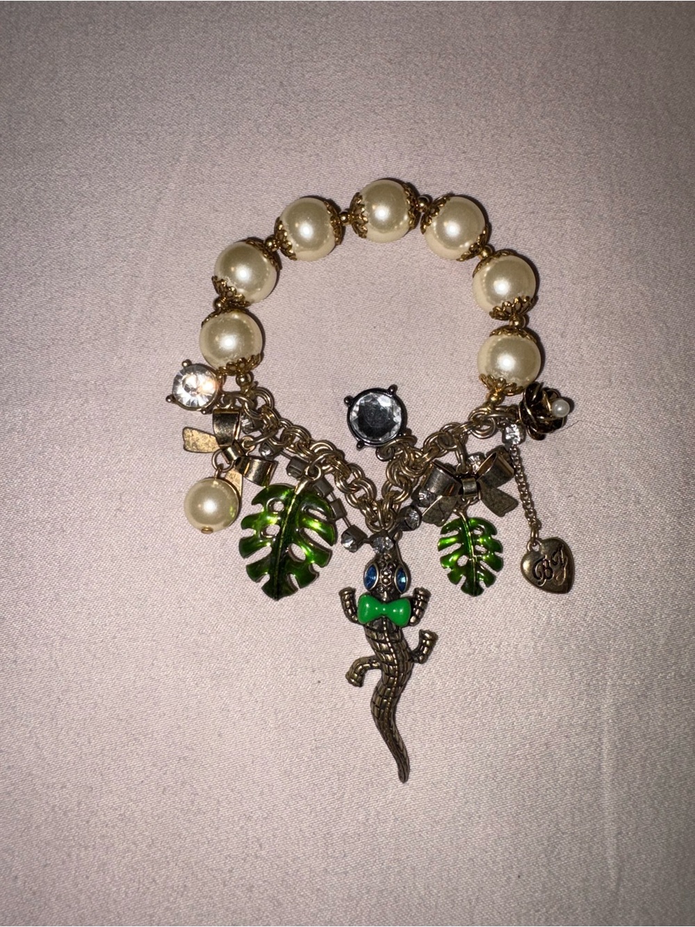 Betsey Johnson Gold Pearl Charm Bracelet with Green Enamel Leaves & Lizard